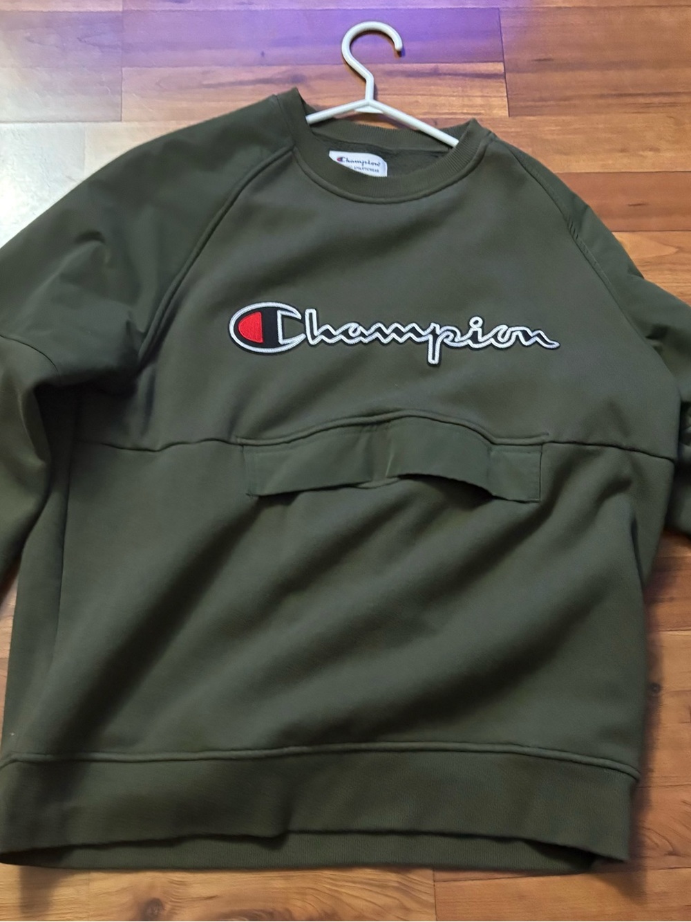 Champion Olive Green Crewneck with Embroidered Logo